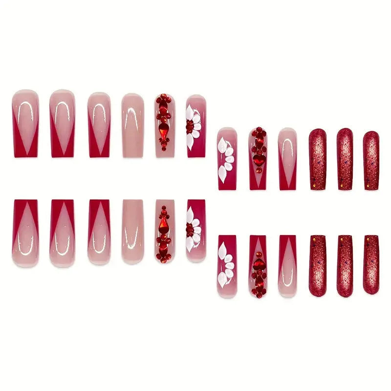 Sweet flowers temperament prismatic red diamond removable fake nails with long European Square shape