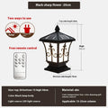 Black solar pillar lamp with flower shape, IP65 waterproof, 12W LED for outdoor garden lighting
