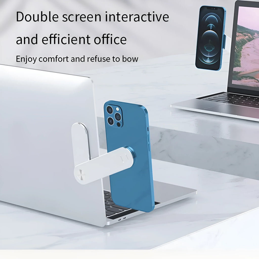 Black aluminium laptop phone holder with magnetic clip mounted to side of monitor
