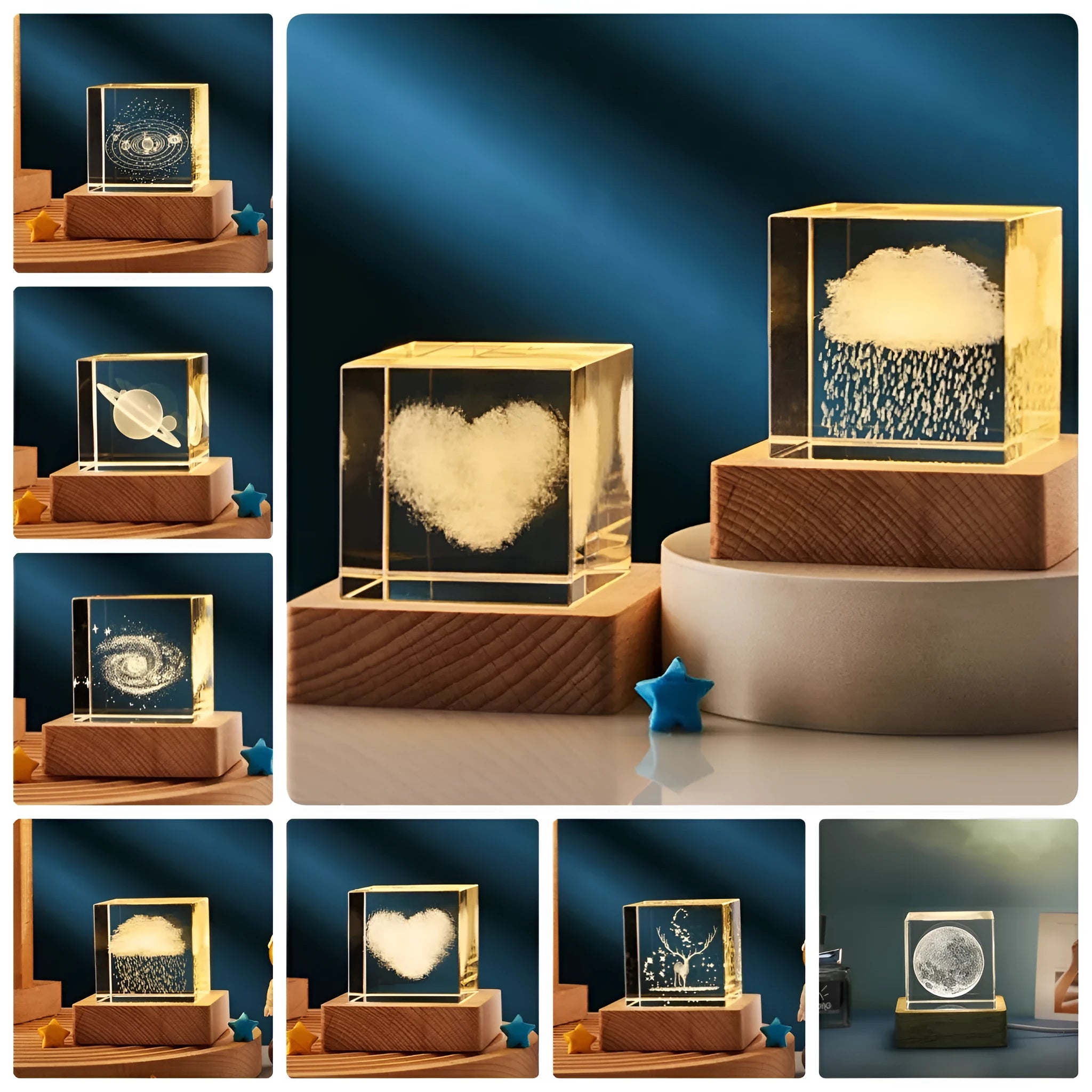 3D crystal cube night light with glass lampshade showing dimensional patterns in warm light