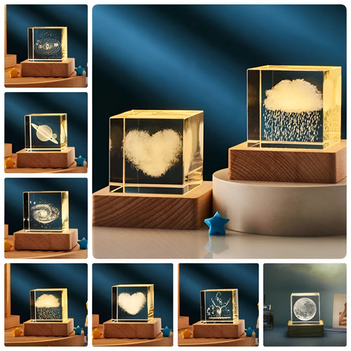 3D crystal cube night light with glass lampshade showing dimensional patterns in warm light
