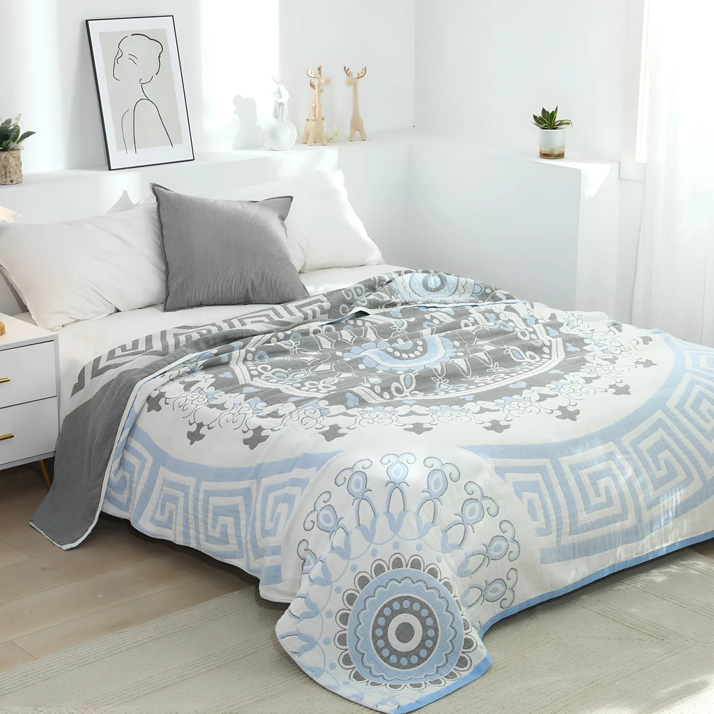 Pure cotton five-layer towel blanket with blue plant and flower coated print pattern
