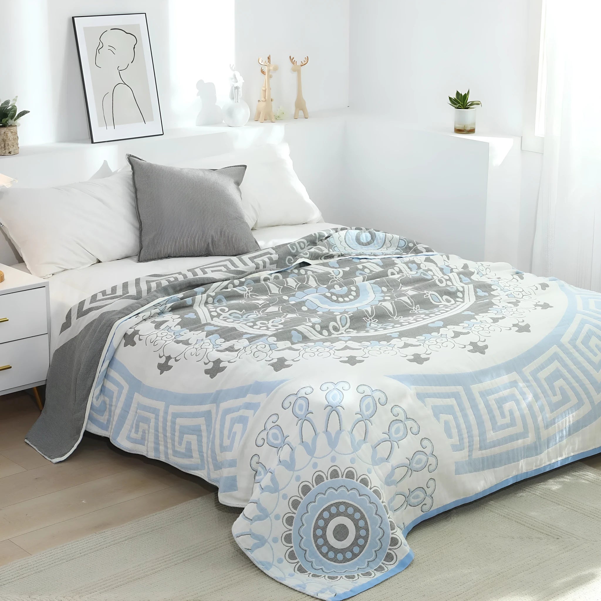 Pure cotton five-layer towel blanket with blue plant and flower coated print pattern