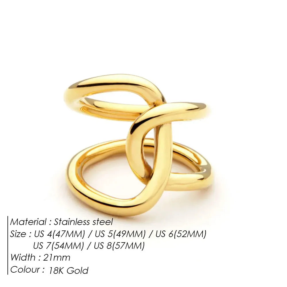 Women's adjustable knotted geometric ring in stainless steel showing U-shape opening design