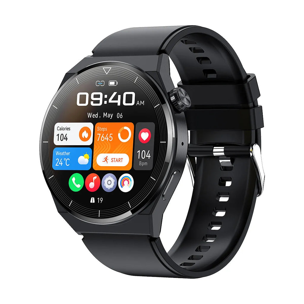 Round smart watch with black silicone band, 1.36 inch screen, and Bluetooth call function on wrist