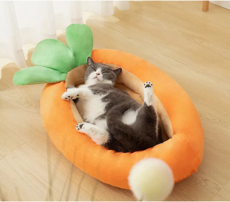 Carrot-shaped nesting dog bed with raised sides and a soft, washable blanket for small and medium pets
