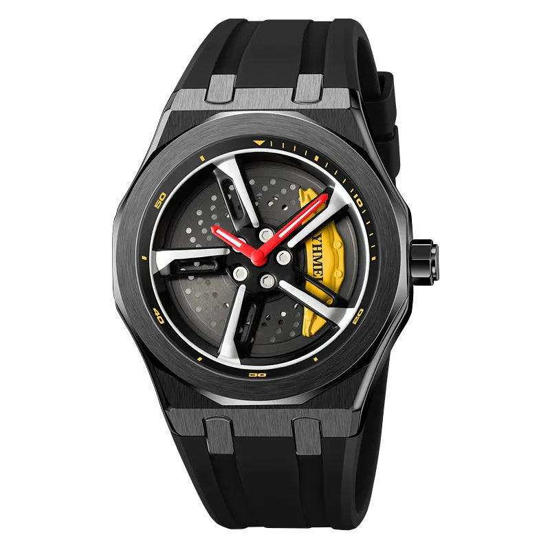 Men's hollow quartz watch with green silicone strap, glass dial, and zinc alloy case on wrist
