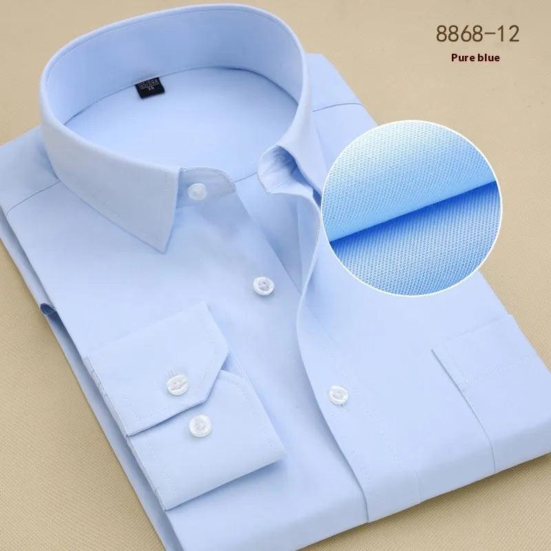 Men's solid colour cotton long sleeve business shirt in a slim fit on a hanger