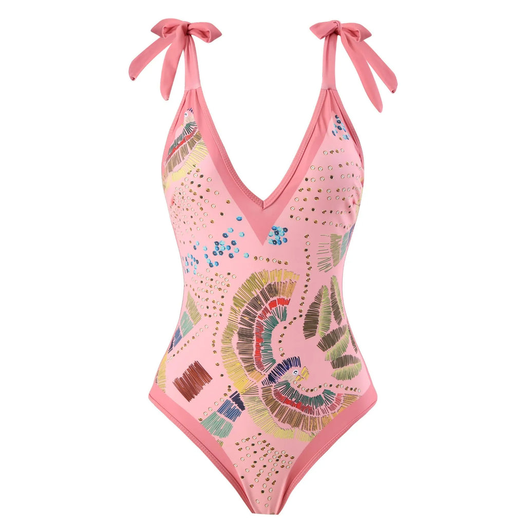 French retro one-piece backless swimsuit with matching gauze skirt in blue or pink colours