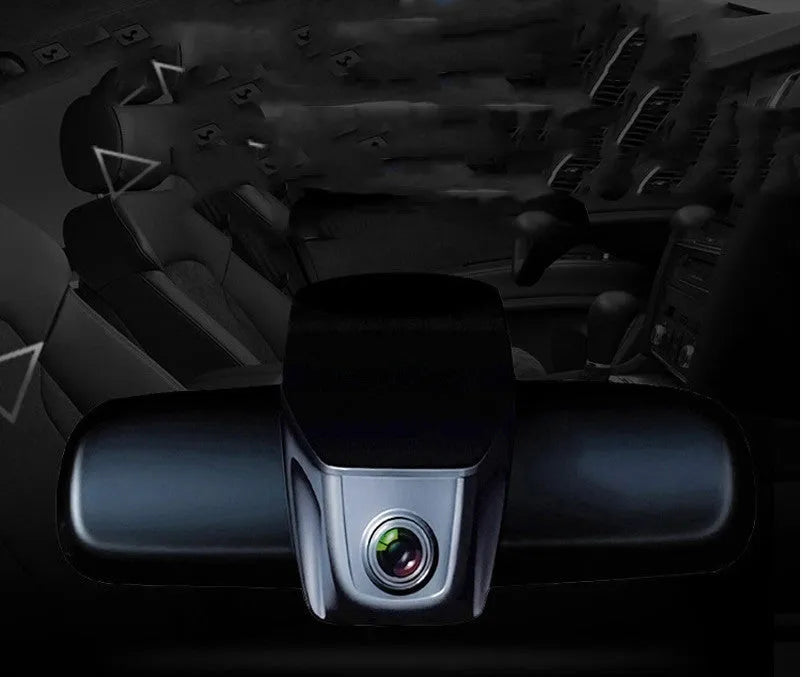 V4 WiFi driving recorder in red colour hidden behind rearview mirror with 140° wide-angle lens