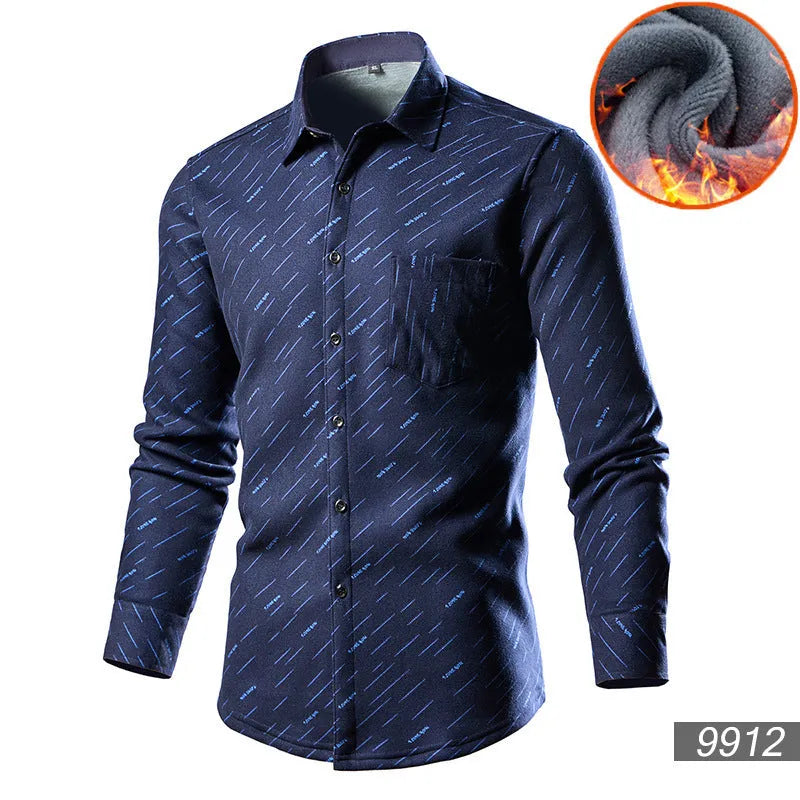 Men's loose-fitting fleece-lined cotton blend cardigan shirt in a solid colour