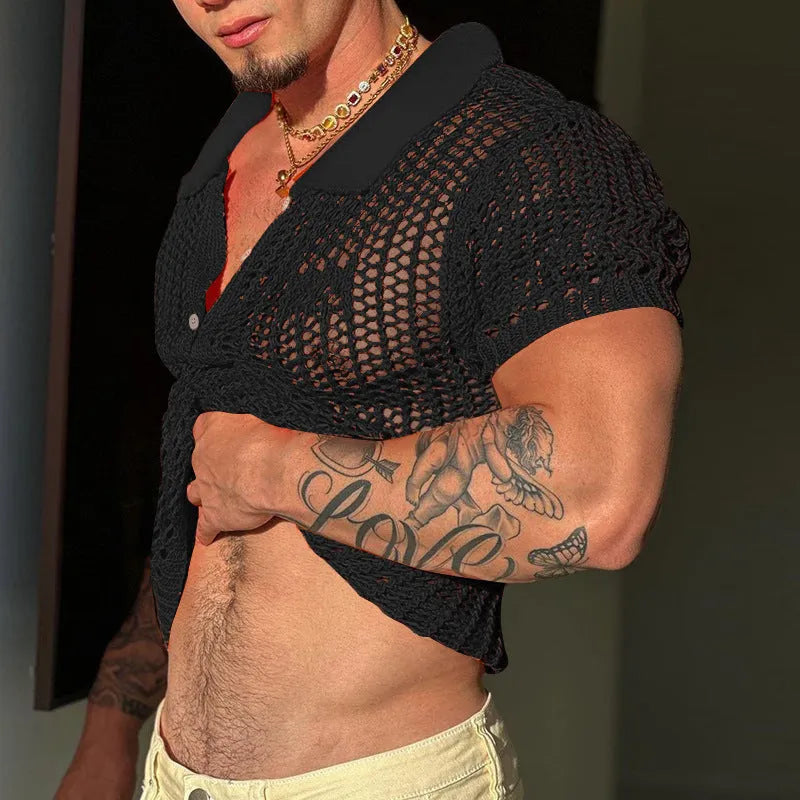 Men's solid colour black polyester jacquard lapel sweater on a model, showing the collar and knit texture