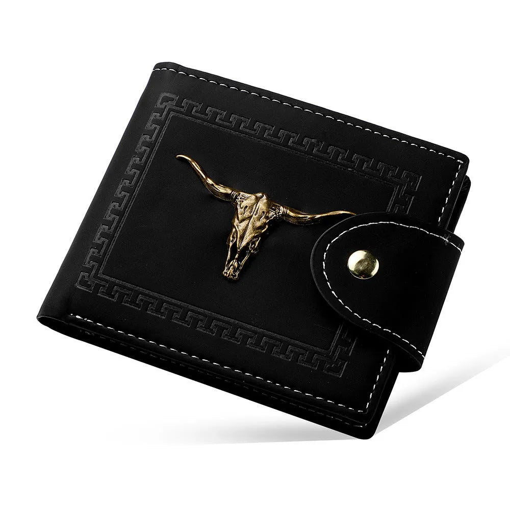Black animal print men's wallet with multiple card slots and zipper closure