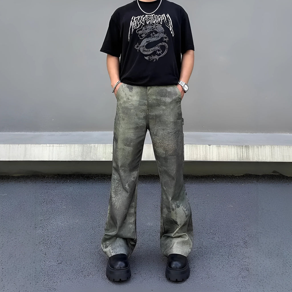 Men's straight leg jeans with a retro digital camouflage print on blue denim fabric.