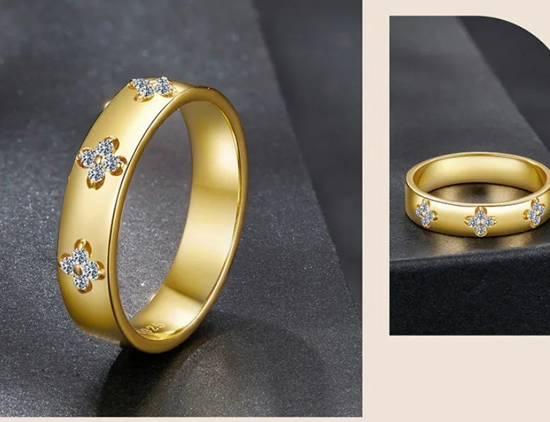 Gold plated sterling silver moissanite wedding ring on finger simple style