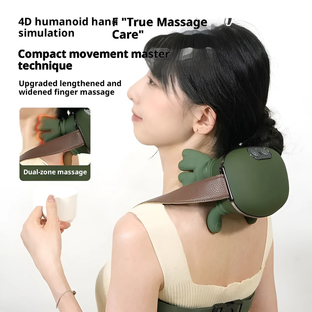 Rechargeable trapezius neck hand shoulder massager in green silicone paint with multi-mode and heat