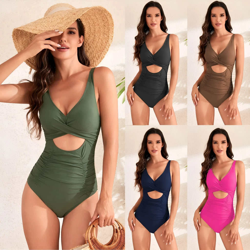 Women's high-waist one-piece swimsuit with cross-pack pleating detail in nylon fabric.