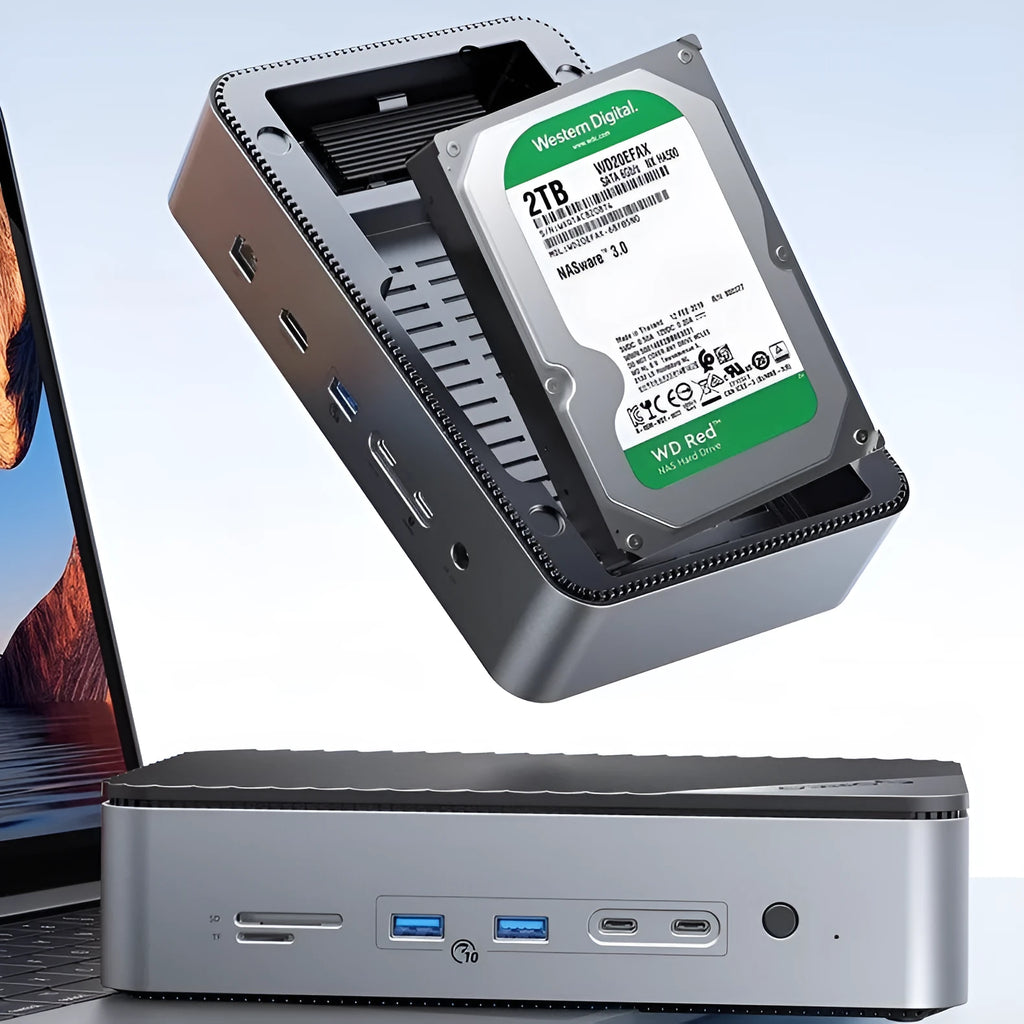 8-in-1 M.2 hard disk box docking station with USB 3.2 and Gigabit port, black aluminium alloy