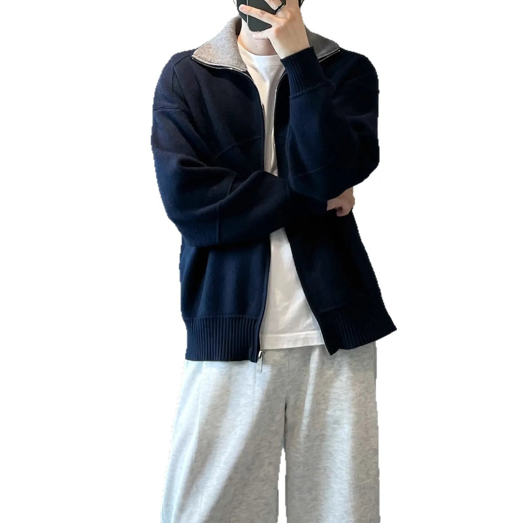 Barne Style contrast colour knitted cardigan for men, loose fit, long sleeves, apricot and navy blue, autumn wear