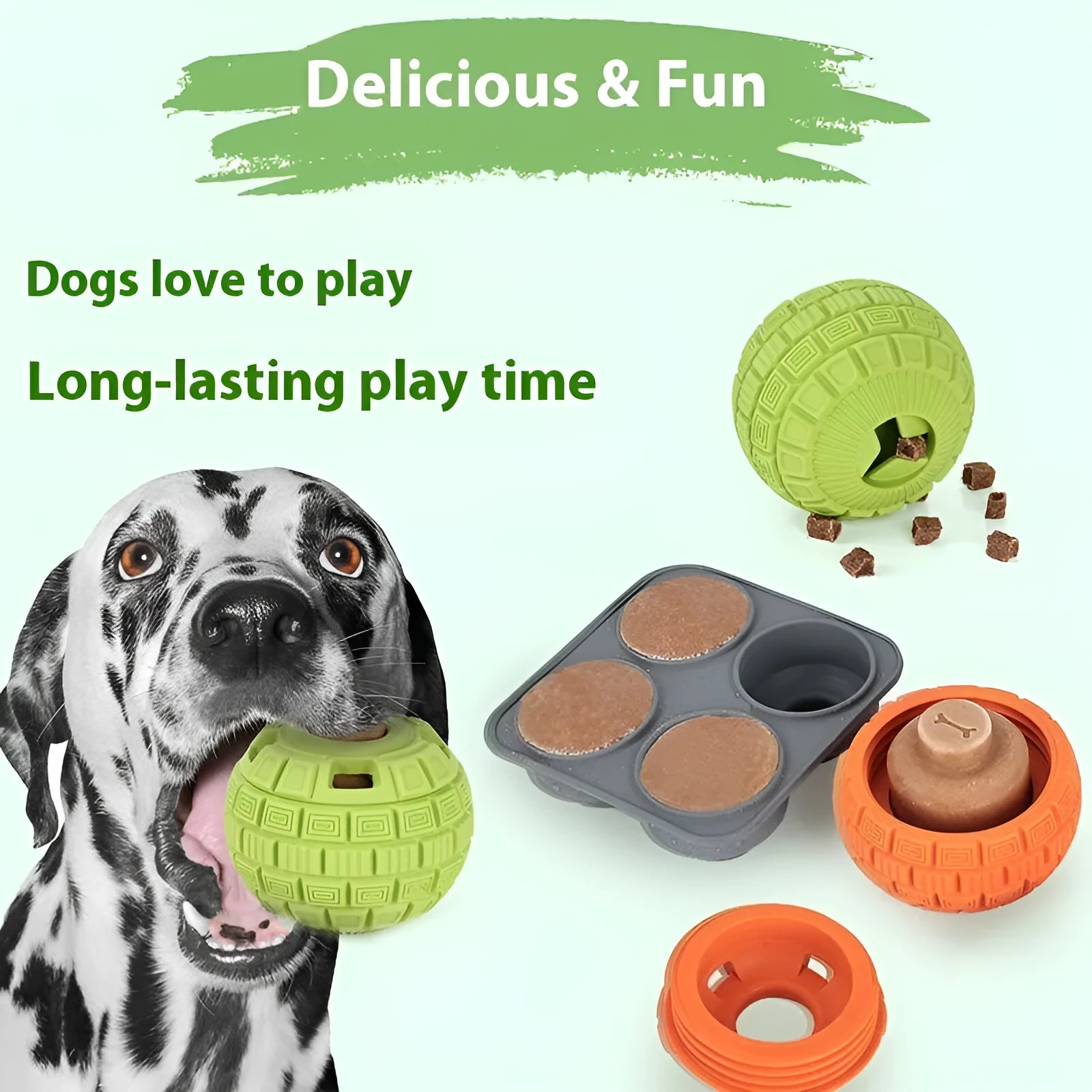 Green natural rubber food dropping ball dog toy with dispensing holes