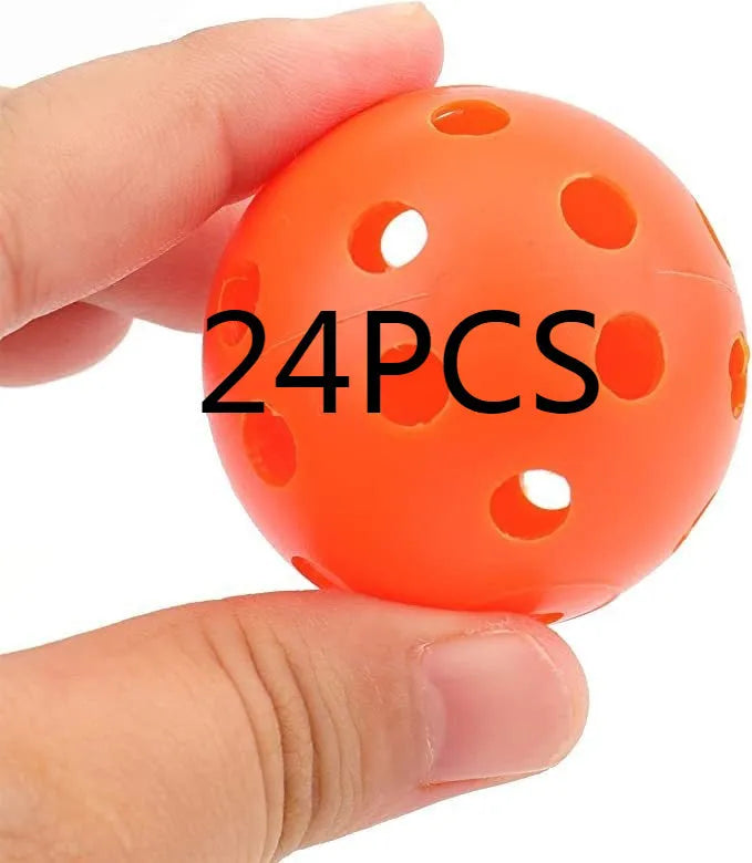 24 multi-colour 42mm golf practice balls in red, orange, blue, green, white, yellow stored in mesh net bag