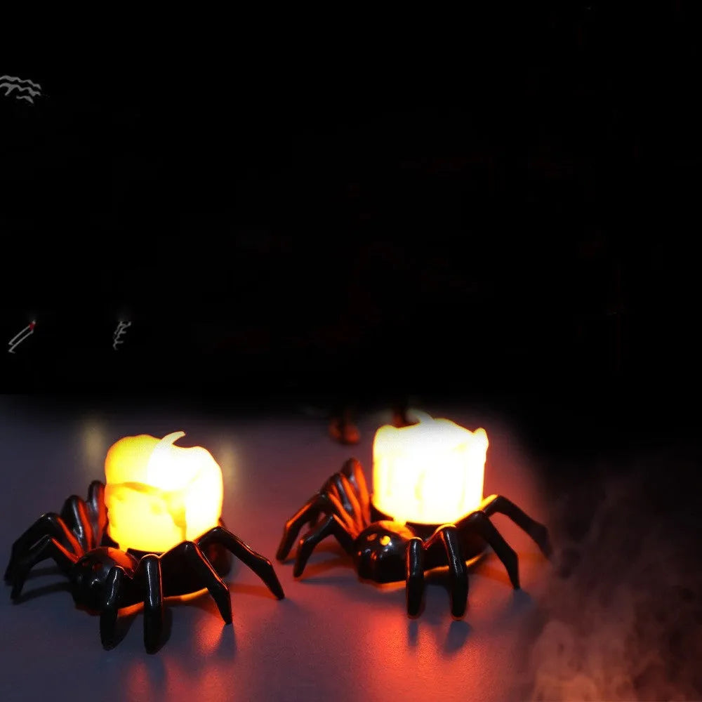 Plastic Halloween spider candlestick ornament measuring 7x8.5x5cm with battery-powered light