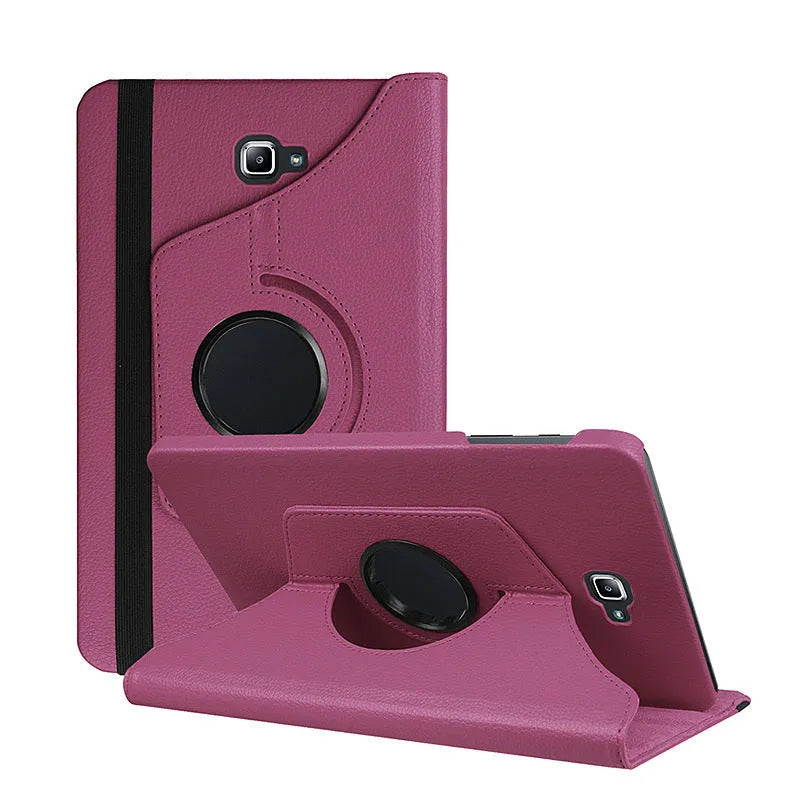 Rotating leather tablet case in clamshell design showing T-series compatibility and multiple colour options