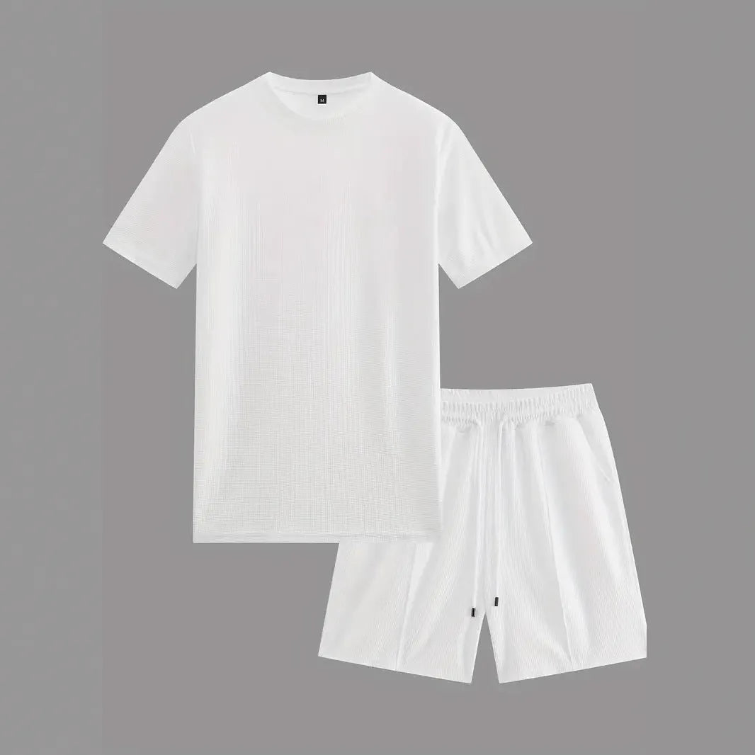 Men's apricot waffle texture short sleeve blouse and matching shorts laid flat.