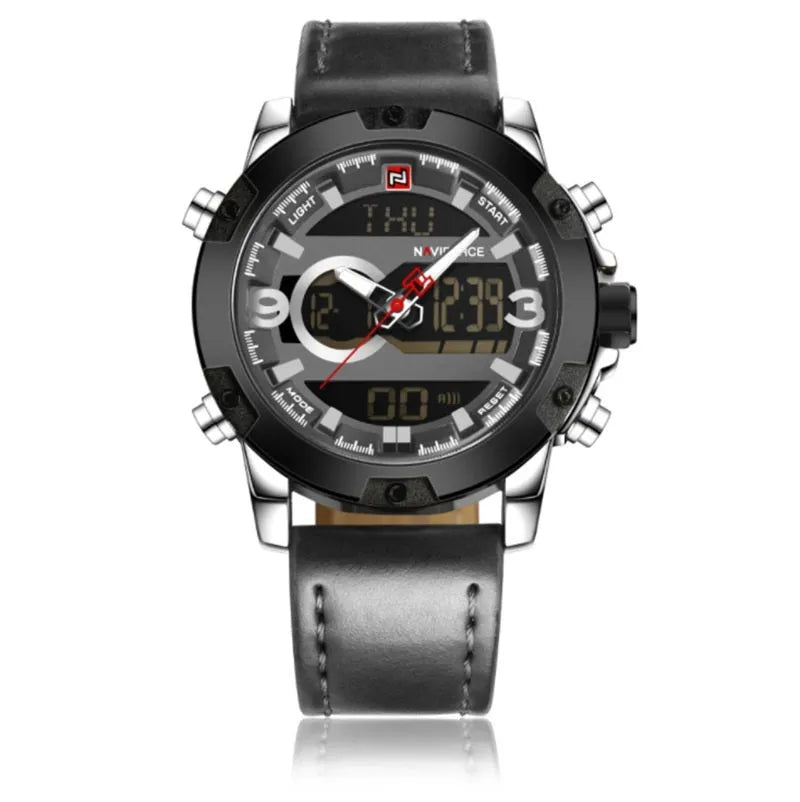 Men's leather digital army military watch with 46.5mm round dial, alloy case, and pin buckle closure