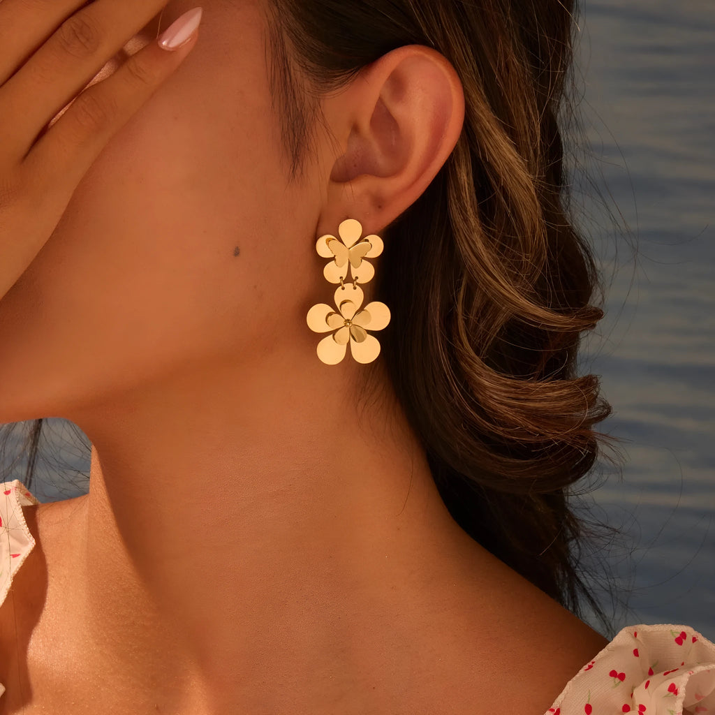Women's floral butterfly stainless steel earrings with 18K gold electroplated finish