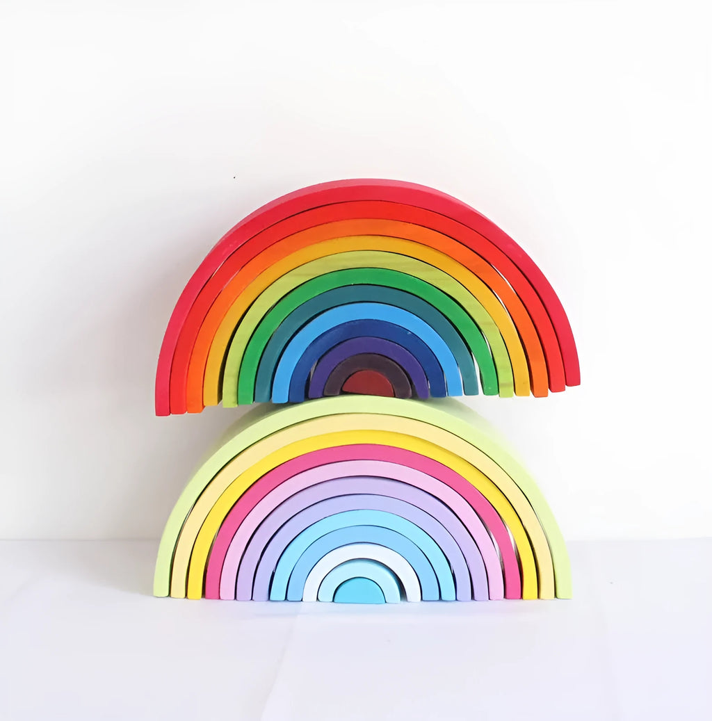 12-piece wooden rainbow arch bridge building blocks in New Zealand pine, flat size 84x35.5x18.5 cm, hand-dyed colours