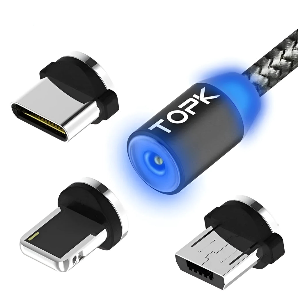 Magnetic data cable with three interchangeable plugs for Android, Apple and Type-C devices, aluminium alloy shell, fast charge at 2.1A