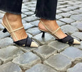 Women's apricot black colour block stiletto heel sandals with pointed toe and buckle fastening.