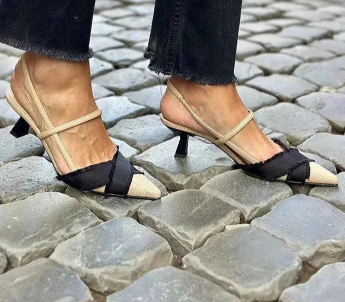 Women's apricot black colour block stiletto heel sandals with pointed toe and buckle fastening.