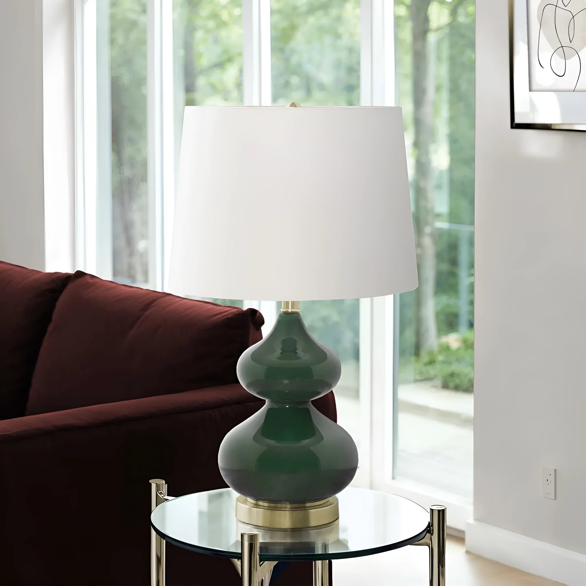 64cm tall crystal glass desk lamp with dark blue cloth lampshade on wooden desk