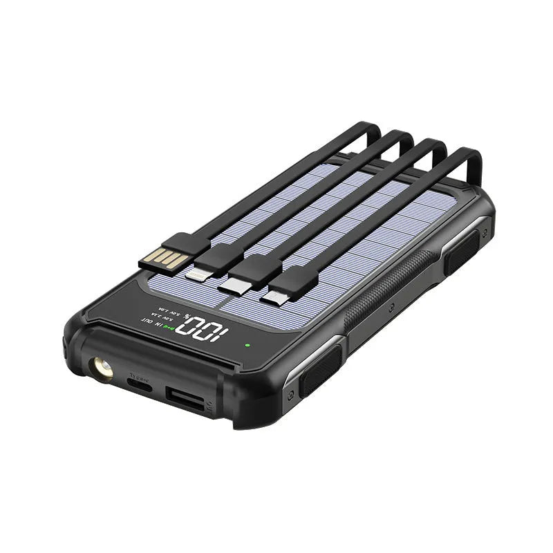 Black military grade mobile power bank showing size next to a smartphone, with green and orange colour variants.