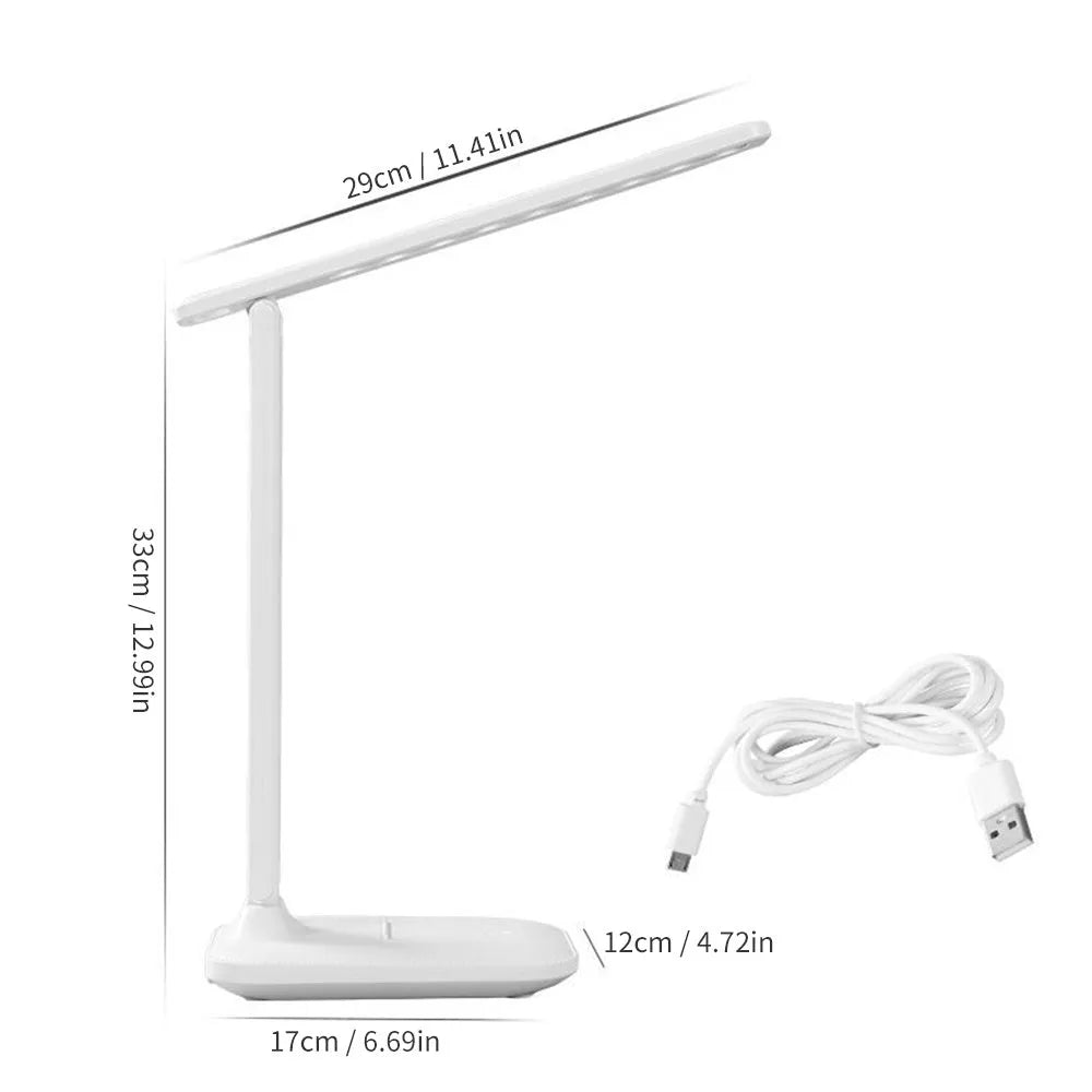 White USB rechargeable bedside lamp with touch dimming controls for children's bedroom