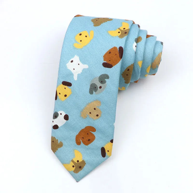 Narrow Korean style cotton bow tie with a printed cartoon pattern in various colours.