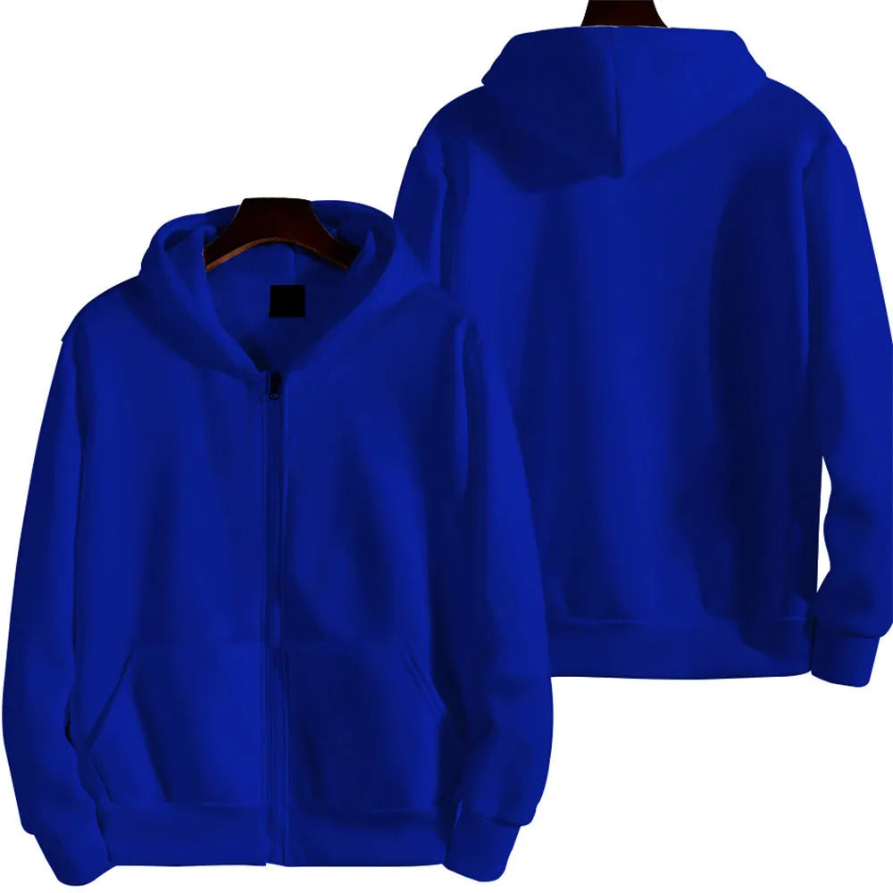 A man's loose fit solid colour zip-up sports jacket in a cardigan style.