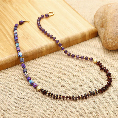 Purple amethyst round beads geometric bracelet with garnet accents and textured detailing