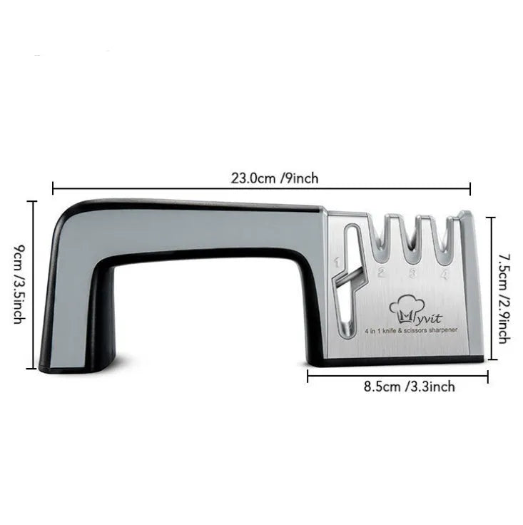 4-in-1 manual kitchen knife and scissor sharpener in black and red, showing multiple sharpening slots.
