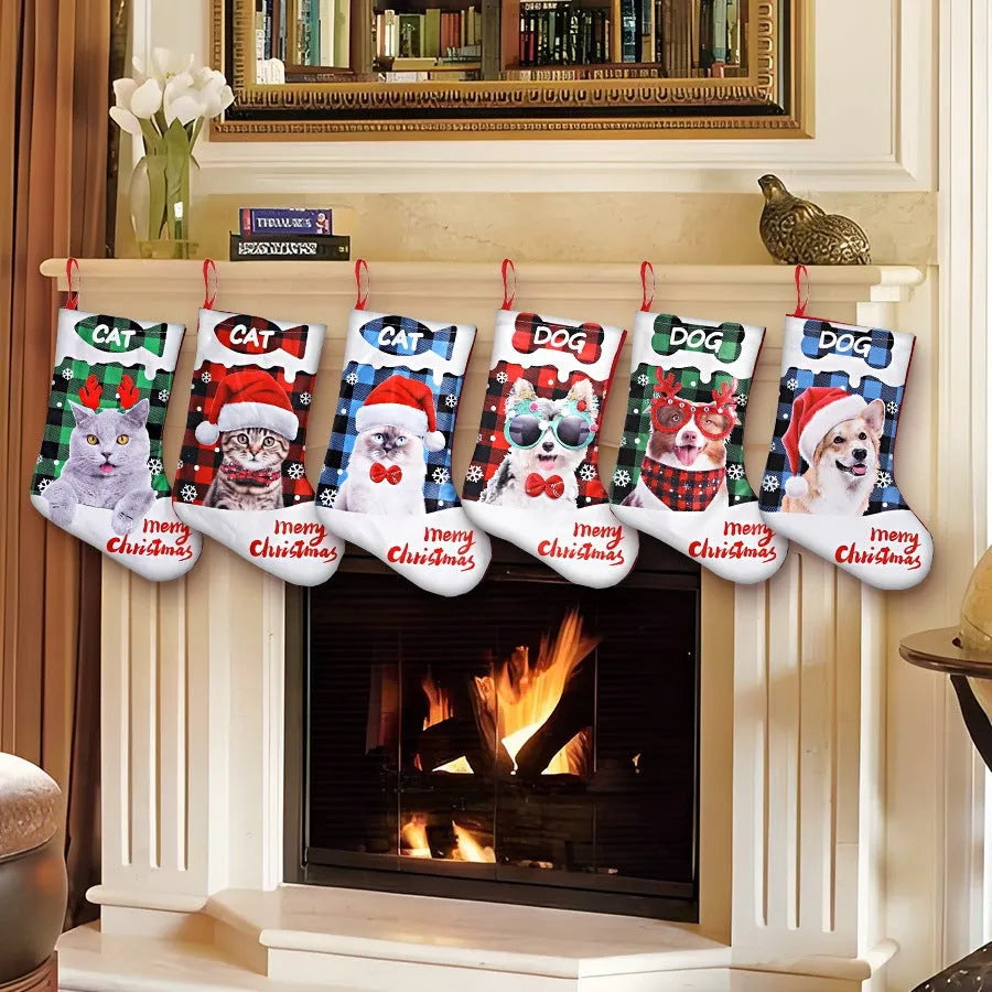 26x36cm printed cloth Christmas banner with puppy and cat designs in plaid patterns