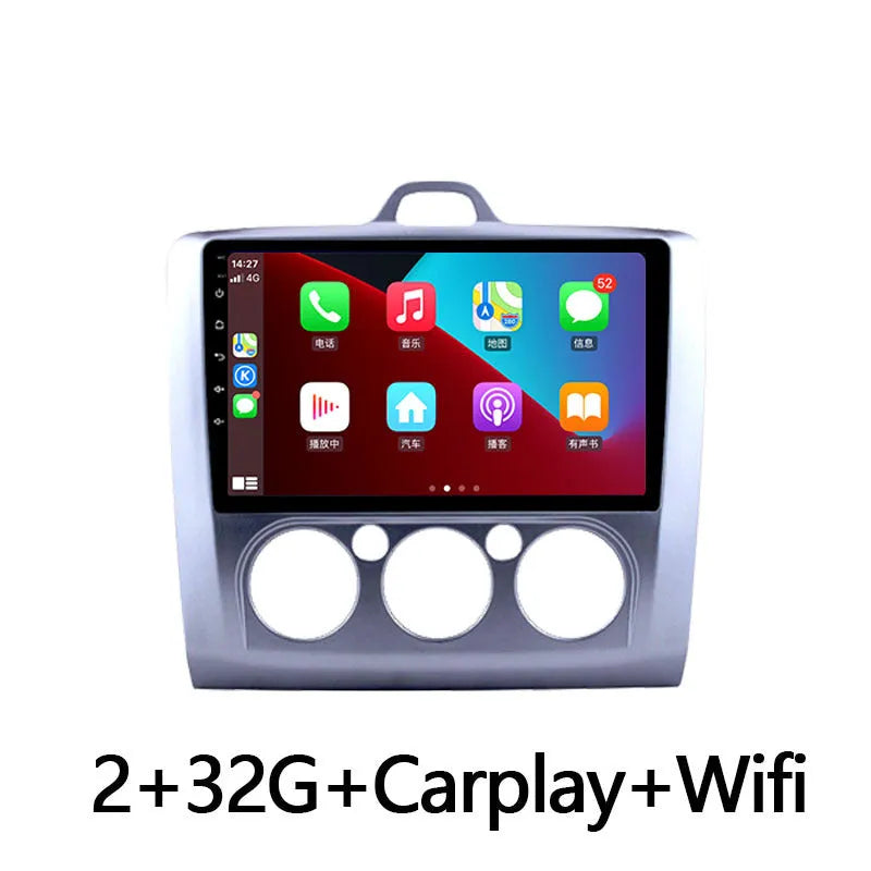9-inch Android car head unit with touchscreen for Fox vehicles, showing integrated manual air conditioning controls.