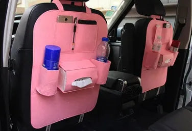 Multi-purpose auto seat organizer bag in wool felt, 33cm x 14cm x 5.5cm, black colour, on car seat back