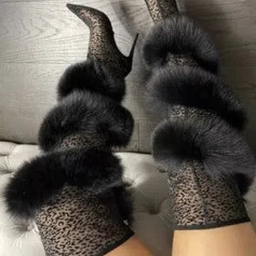 Women's pointed-toe over-the-knee stiletto boots in black leopard print with genuine leather upper and suede finish