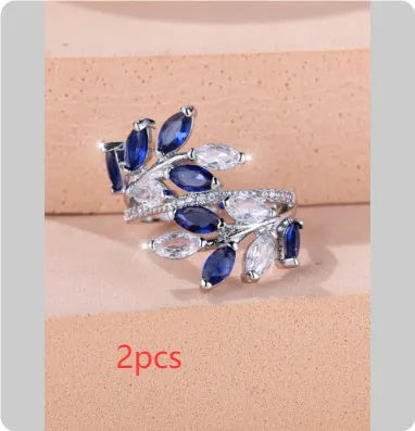 Adjustable horse eye zircon leaf fashion ring in rose gold and platinum plating options