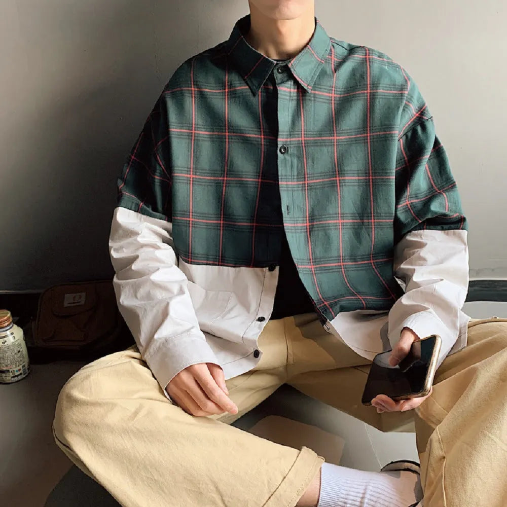 Autumn Japanese plaid stitching cotton shirt for men, green colour, long sleeves, square collar
