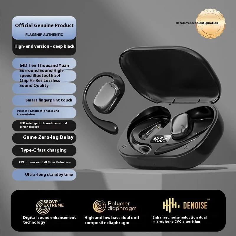Ear-mounted wireless headphones with digital display screen in black, skin colour or white options