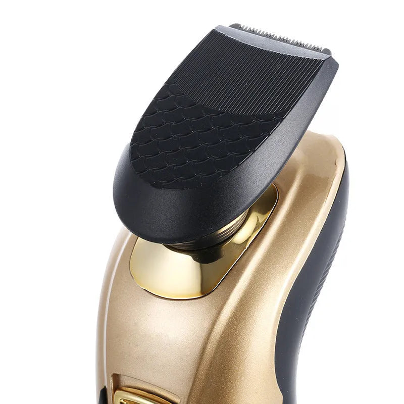 Electric shaver machine three-head floating razor with accessories on blue background