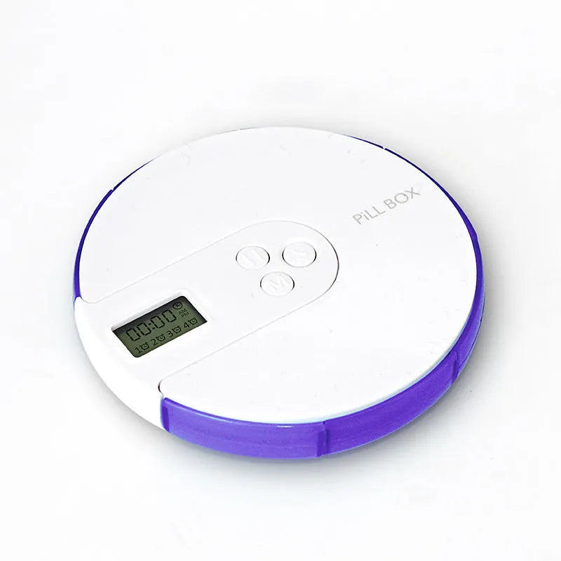 Seven-compartment alarm clock pill dispenser in blue, showing timer display and storage lids.